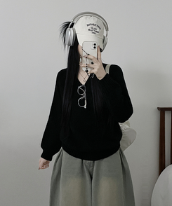 도톰아방핏벌룬하찌나그랑브이넥긴팔니트 블랙