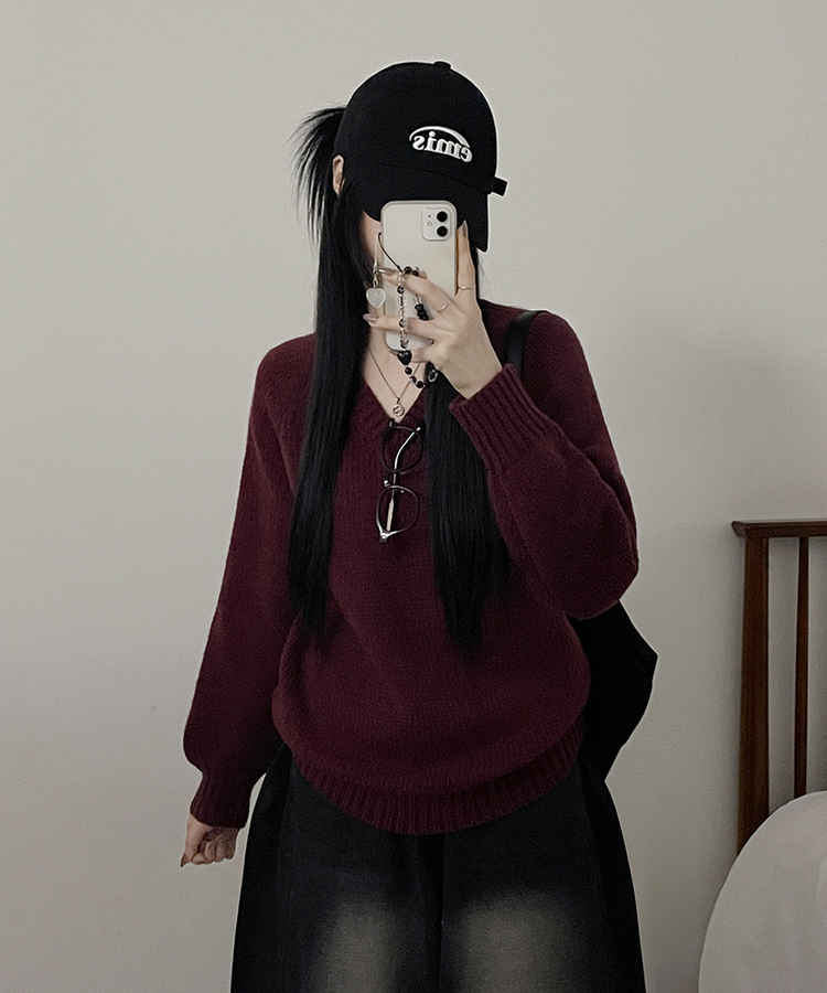 도톰아방핏벌룬하찌나그랑브이넥긴팔니트 와인