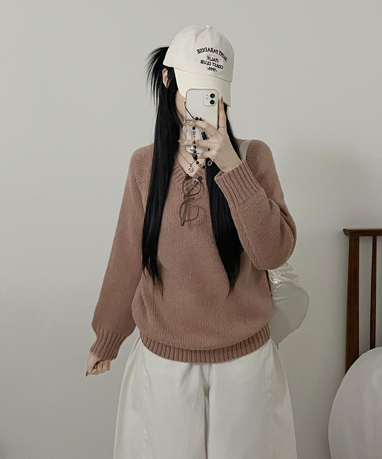 도톰아방핏벌룬하찌나그랑브이넥긴팔니트 핑크