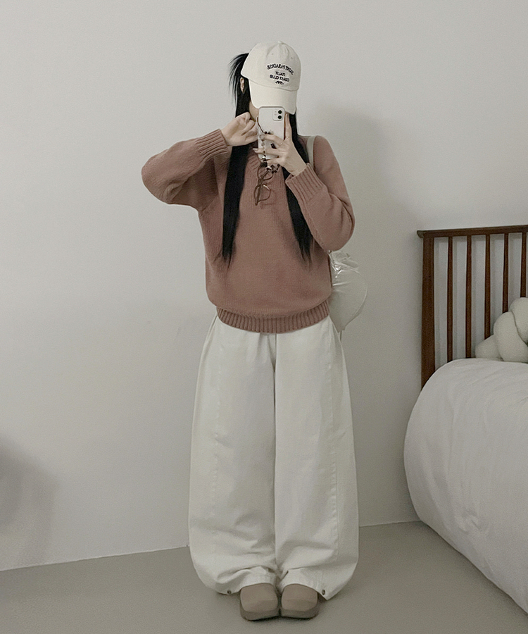 도톰아방핏벌룬하찌나그랑브이넥긴팔니트 핑크