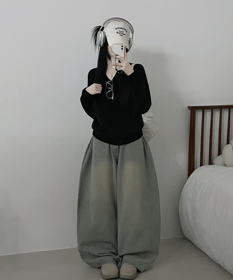 도톰아방핏벌룬하찌나그랑브이넥긴팔니트 블랙