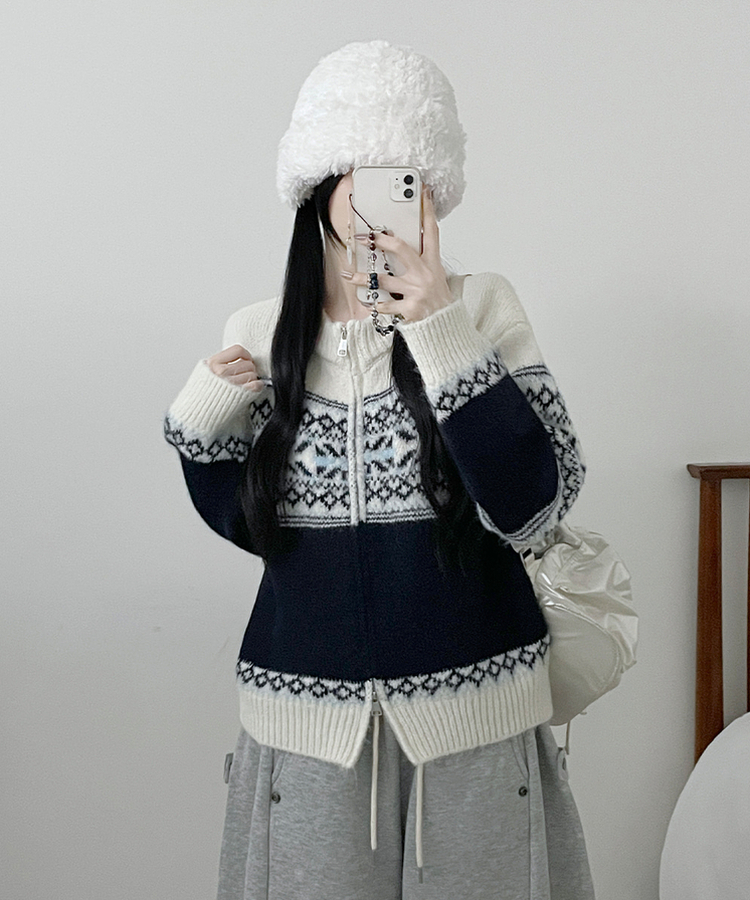 고퀄피티눈꽃스노우노르딕패턴오버핏니트집업