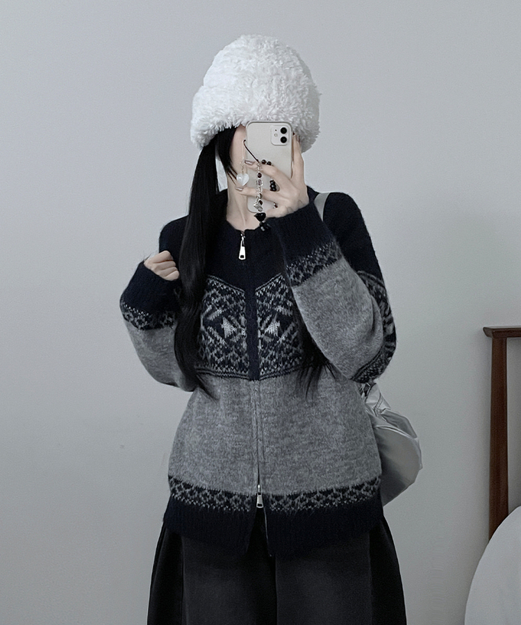 고퀄피티눈꽃스노우노르딕패턴오버핏니트집업