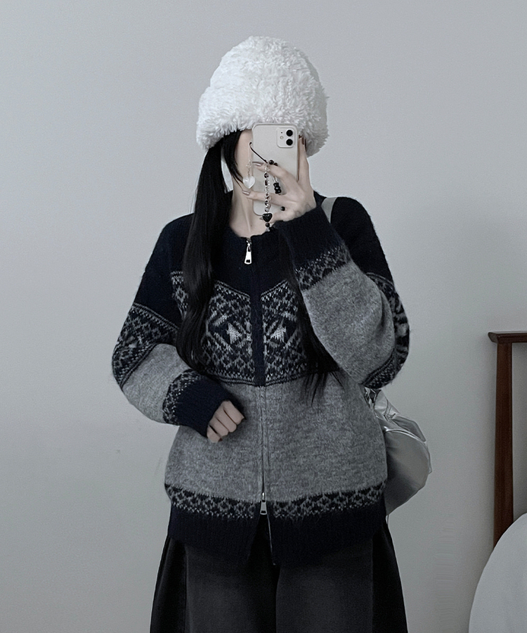 고퀄피티눈꽃스노우노르딕패턴오버핏니트집업