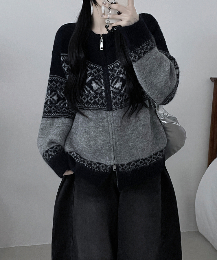 고퀄피티눈꽃스노우노르딕패턴오버핏니트집업