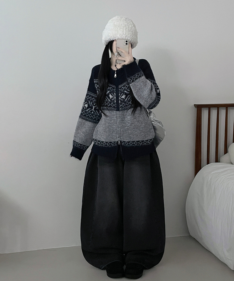 고퀄피티눈꽃스노우노르딕패턴오버핏니트집업