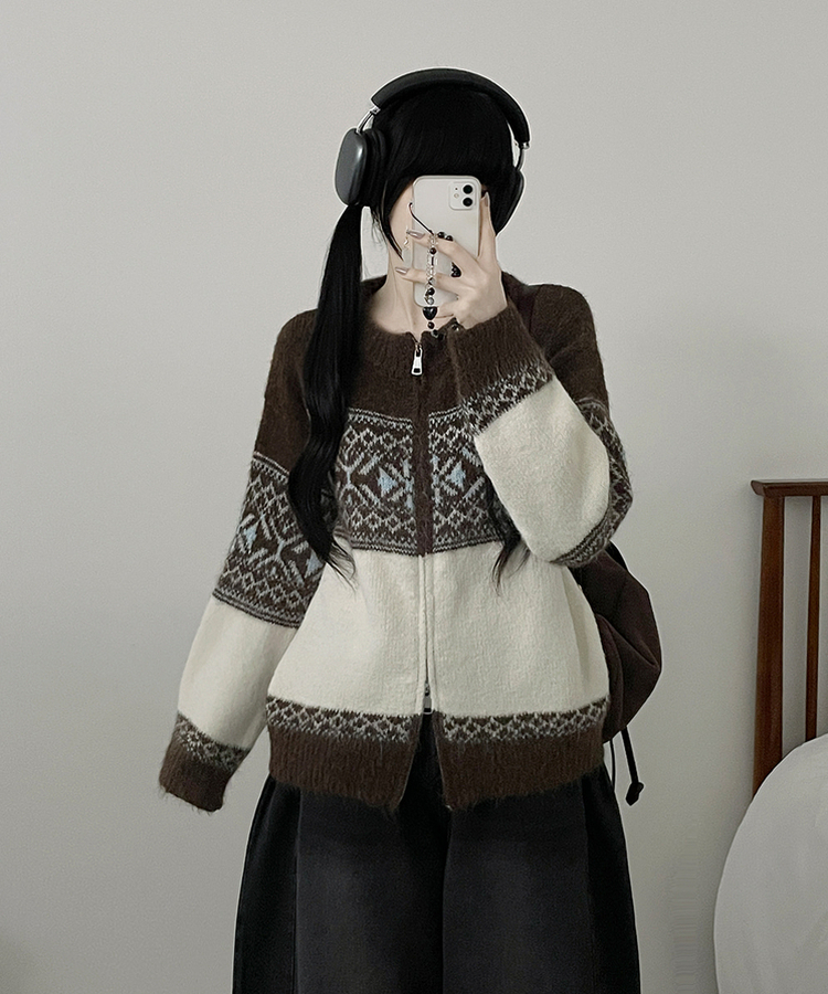 고퀄피티눈꽃스노우노르딕패턴오버핏니트집업