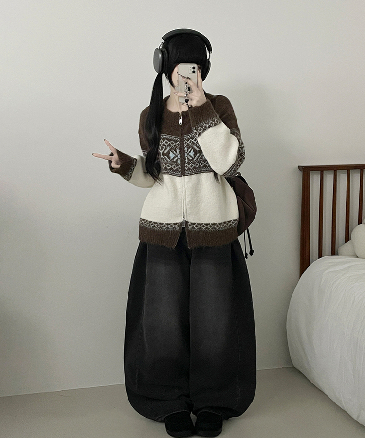 고퀄피티눈꽃스노우노르딕패턴오버핏니트집업