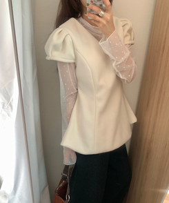 フレアウールパフ半袖ブラウス IVORY