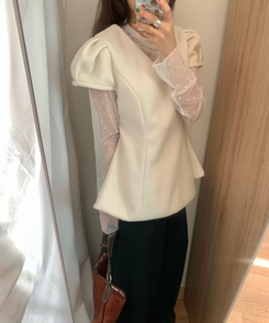 フレアウールパフ半袖ブラウス IVORY