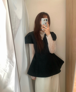 フレアウールパフ半袖ブラウス CHARCOAL