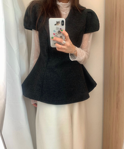 フレアウールパフ半袖ブラウス CHARCOAL