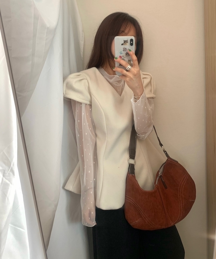 フレアウールパフ半袖ブラウス IVORY