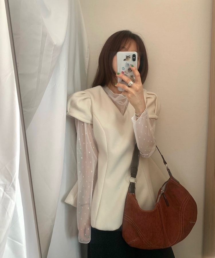 フレアウールパフ半袖ブラウス IVORY