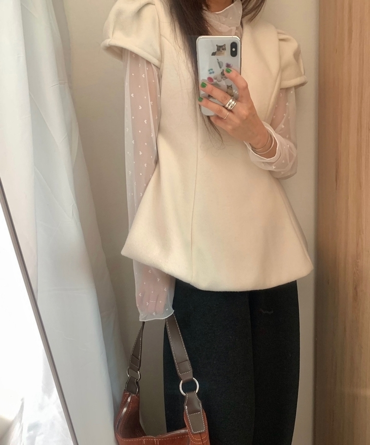 フレアウールパフ半袖ブラウス IVORY