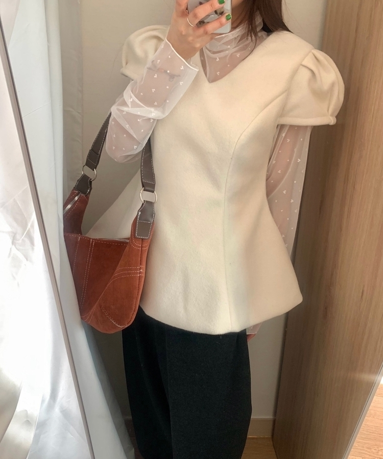 フレアウールパフ半袖ブラウス IVORY