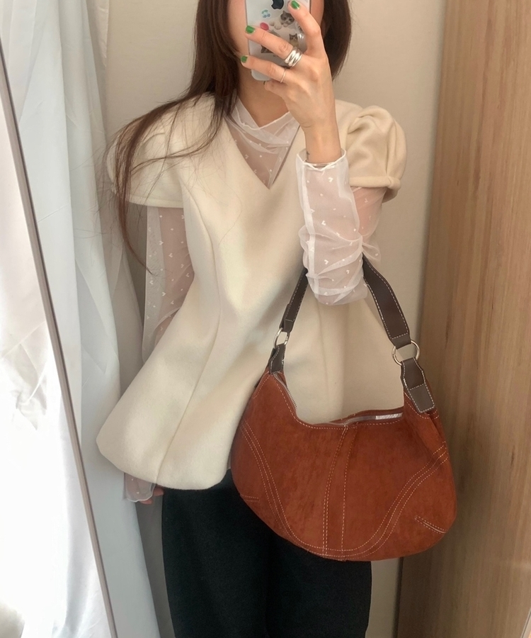 フレアウールパフ半袖ブラウス IVORY