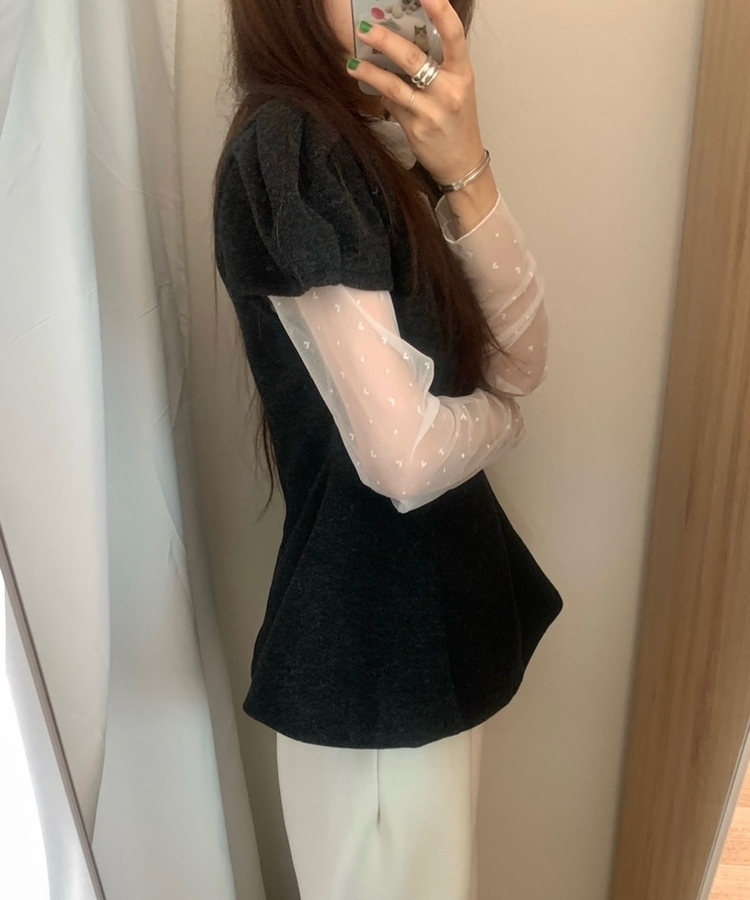 フレアウールパフ半袖ブラウス CHARCOAL