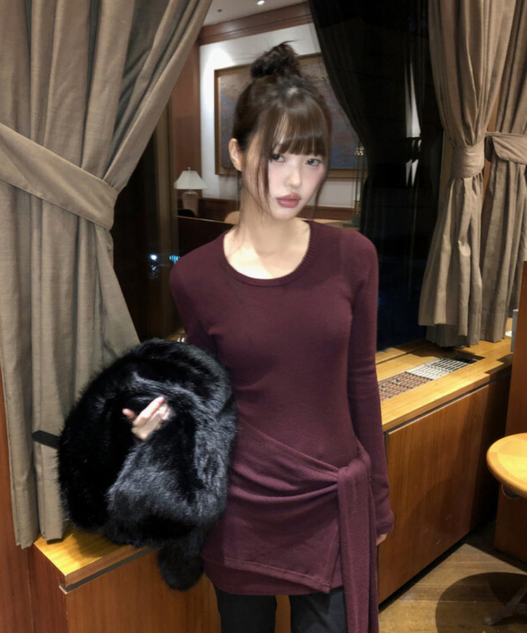 【SET】レイヤードラップロングニット WINE