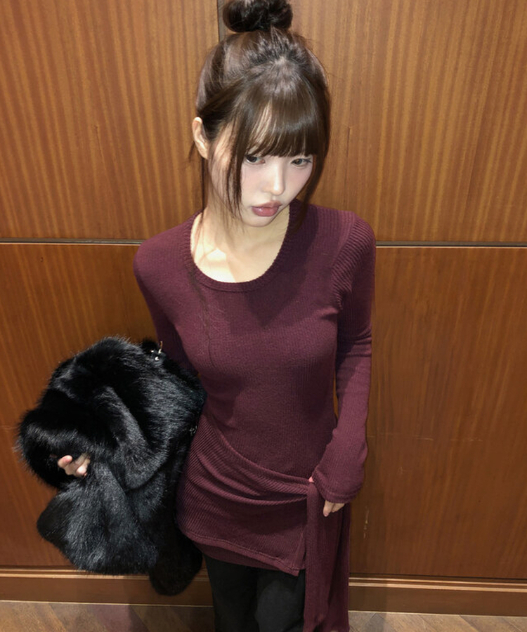 【SET】レイヤードラップロングニット WINE