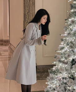 ダブルボタン袖ファー肩パッドロングコート SKYBLUE