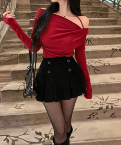 ダブルボタンコーデュロイミニスカートパンツ BLACK