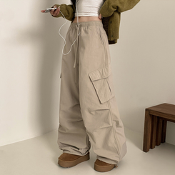 【起毛】バンディングナイロンワイドカーゴパンツ BEIGE