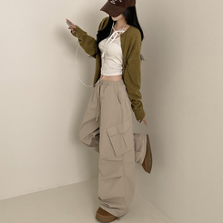 【起毛】バンディングナイロンワイドカーゴパンツ BEIGE