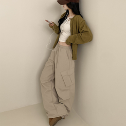 【起毛】バンディングナイロンワイドカーゴパンツ BEIGE