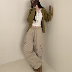 【起毛】バンディングナイロンワイドカーゴパンツ BEIGE