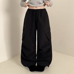 【起毛】バンディングナイロンワイドカーゴパンツ BLACK