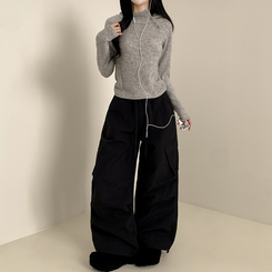 【起毛】バンディングナイロンワイドカーゴパンツ BLACK