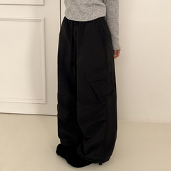 【起毛】バンディングナイロンワイドカーゴパンツ BLACK