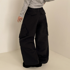 【起毛】バンディングナイロンワイドカーゴパンツ BLACK