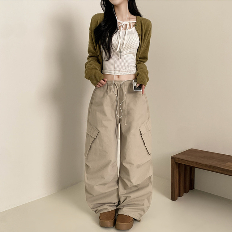 【起毛】バンディングナイロンワイドカーゴパンツ BEIGE