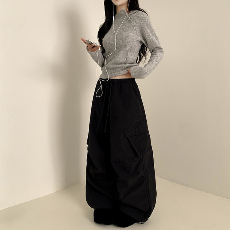 【起毛】バンディングナイロンワイドカーゴパンツ BLACK