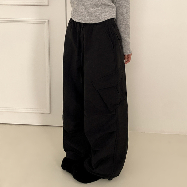 【起毛】バンディングナイロンワイドカーゴパンツ BLACK
