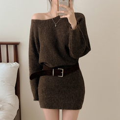 【ベルト付き】ワンショルダーボカシニットミニワンピース BROWN