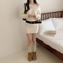 【ベルト付き】ワンショルダーボカシニットミニワンピース IVORY
