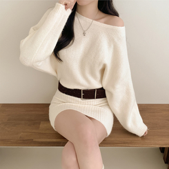 【ベルト付き】ワンショルダーボカシニットミニワンピース IVORY