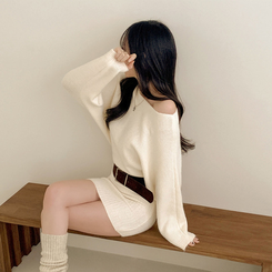 【ベルト付き】ワンショルダーボカシニットミニワンピース IVORY
