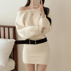 【ベルト付き】ワンショルダーボカシニットミニワンピース IVORY