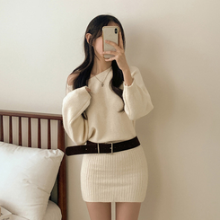 【ベルト付き】ワンショルダーボカシニットミニワンピース IVORY