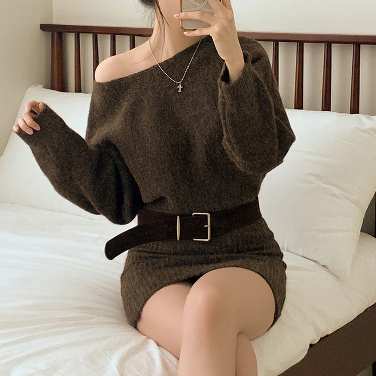 【ベルト付き】ワンショルダーボカシニットミニワンピース BROWN