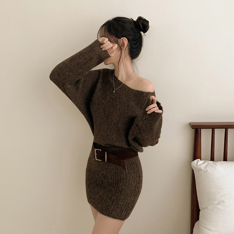【ベルト付き】ワンショルダーボカシニットミニワンピース BROWN