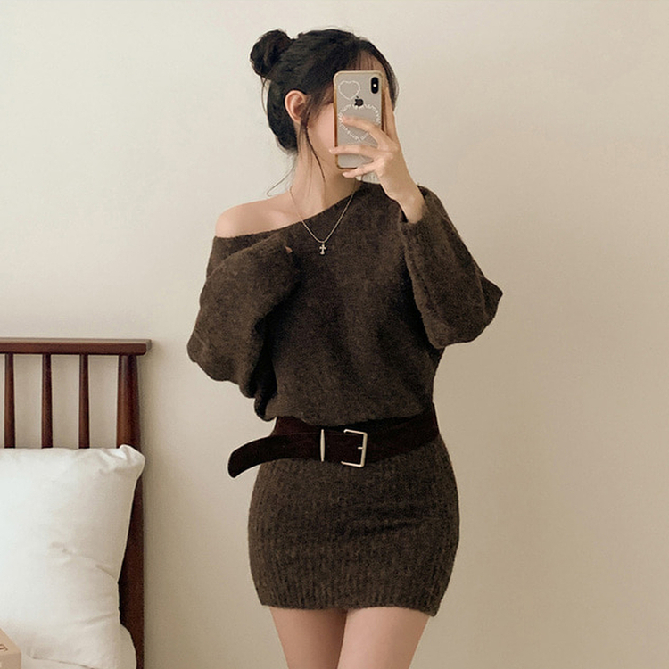 【ベルト付き】ワンショルダーボカシニットミニワンピース BROWN