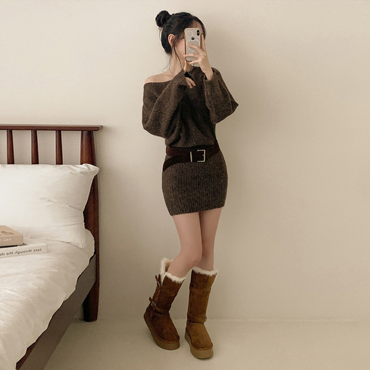 【ベルト付き】ワンショルダーボカシニットミニワンピース BROWN