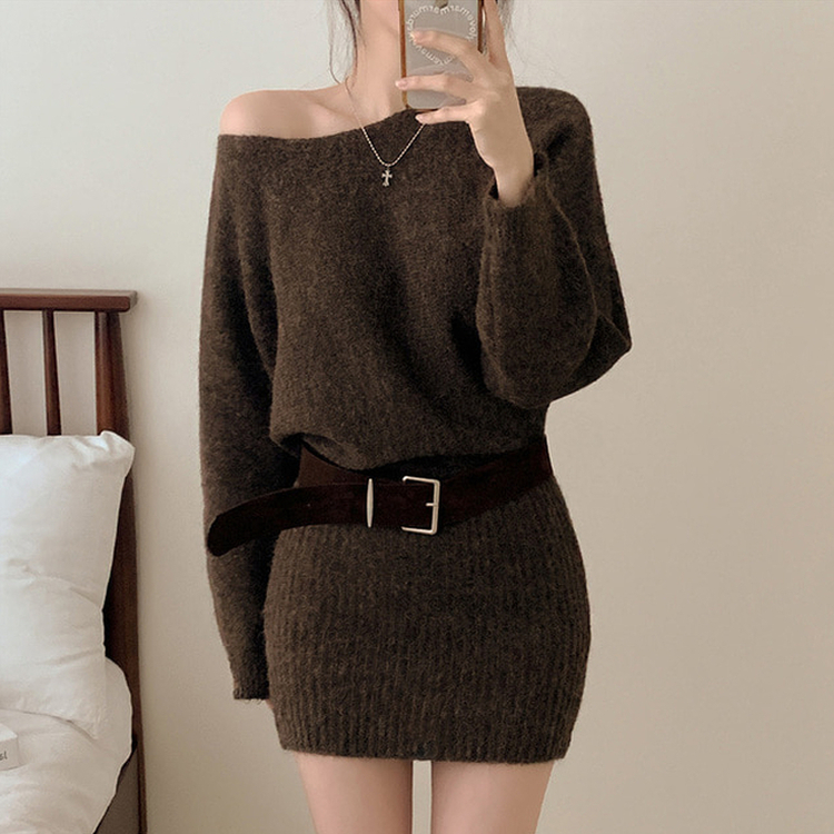 【ベルト付き】ワンショルダーボカシニットミニワンピース BROWN