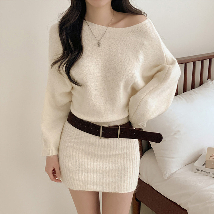 【ベルト付き】ワンショルダーボカシニットミニワンピース IVORY
