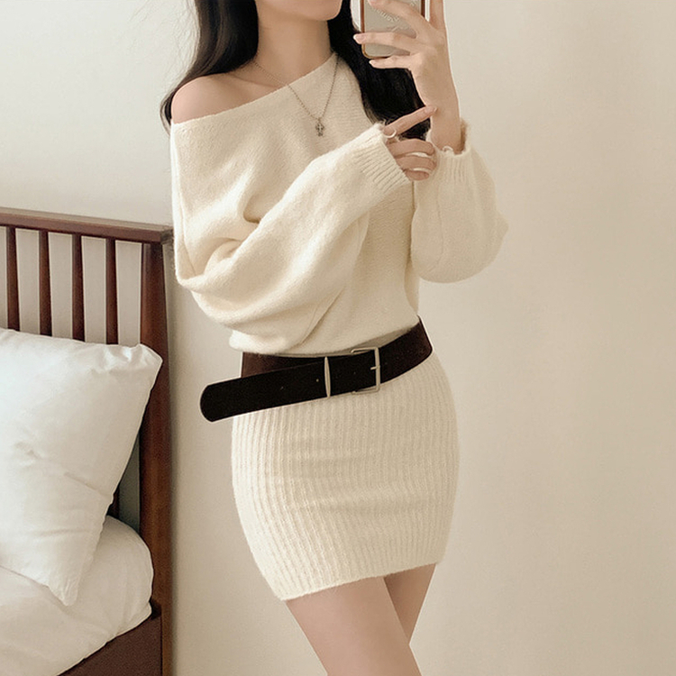 【ベルト付き】ワンショルダーボカシニットミニワンピース IVORY